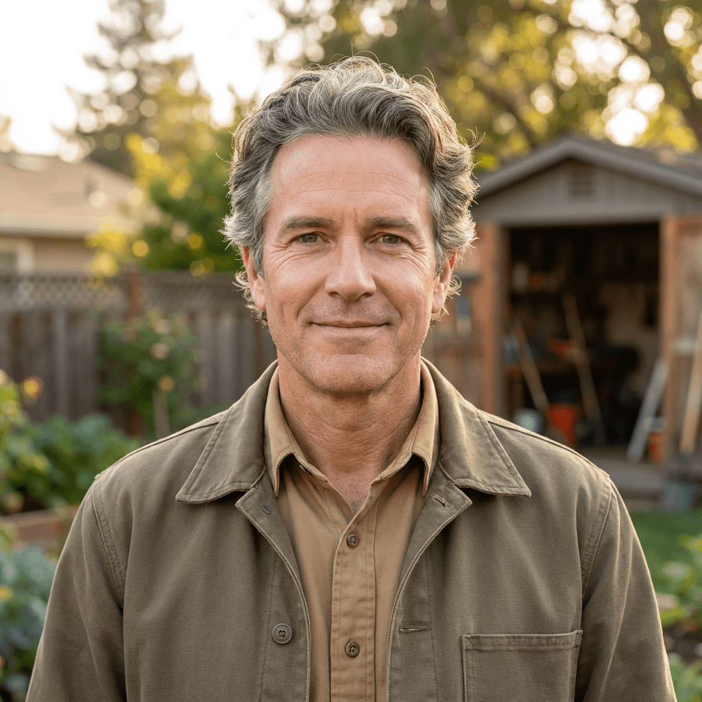 Male homeowner standing in his backyard garden