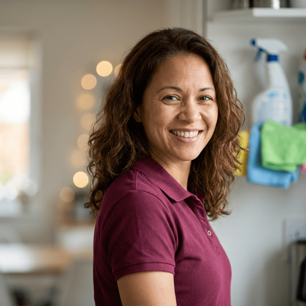 Female homeowner in her 40s, Black, warm friendly smile, casual outdoor clothing