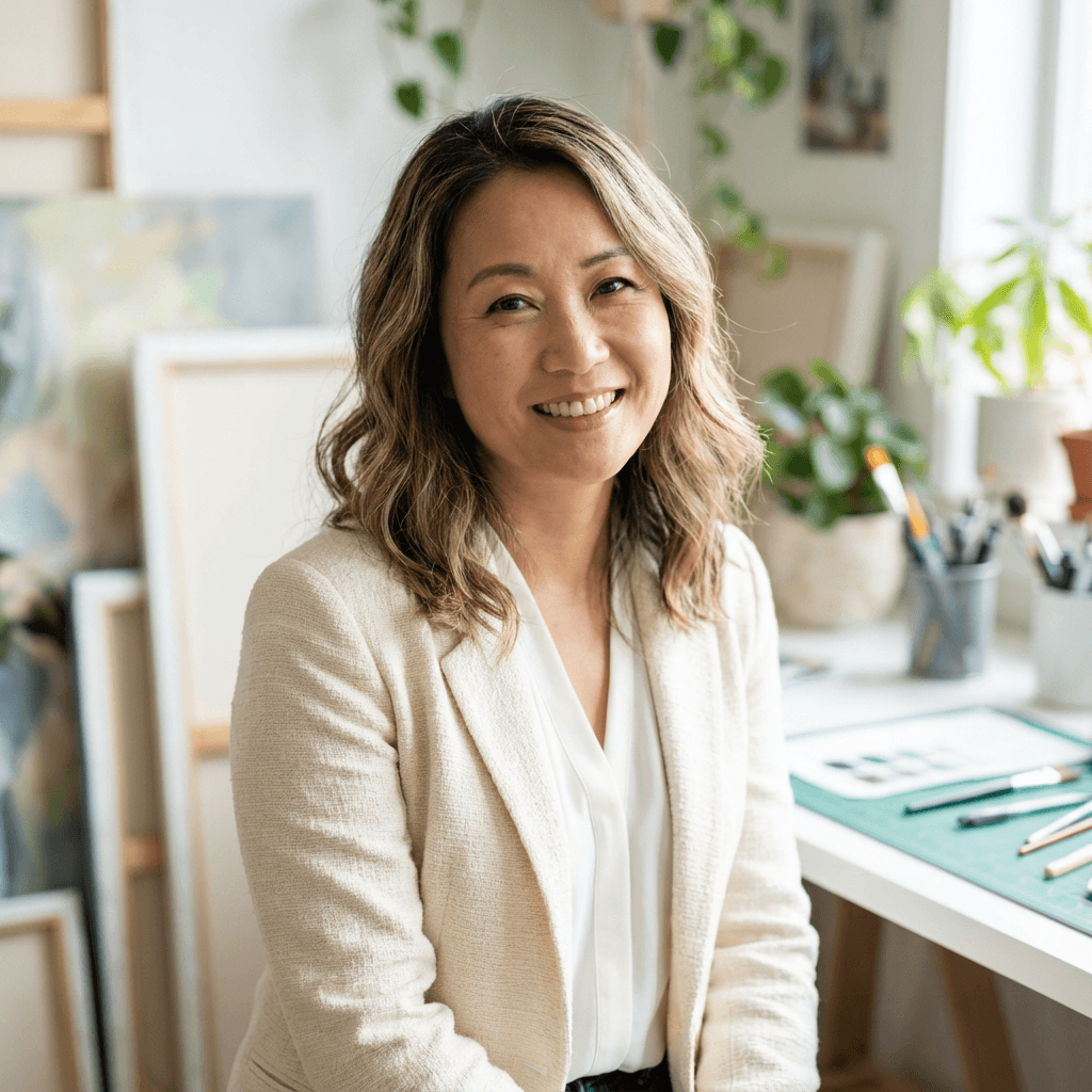 Female office manager in her late 30s, East Asian, professional appearance
