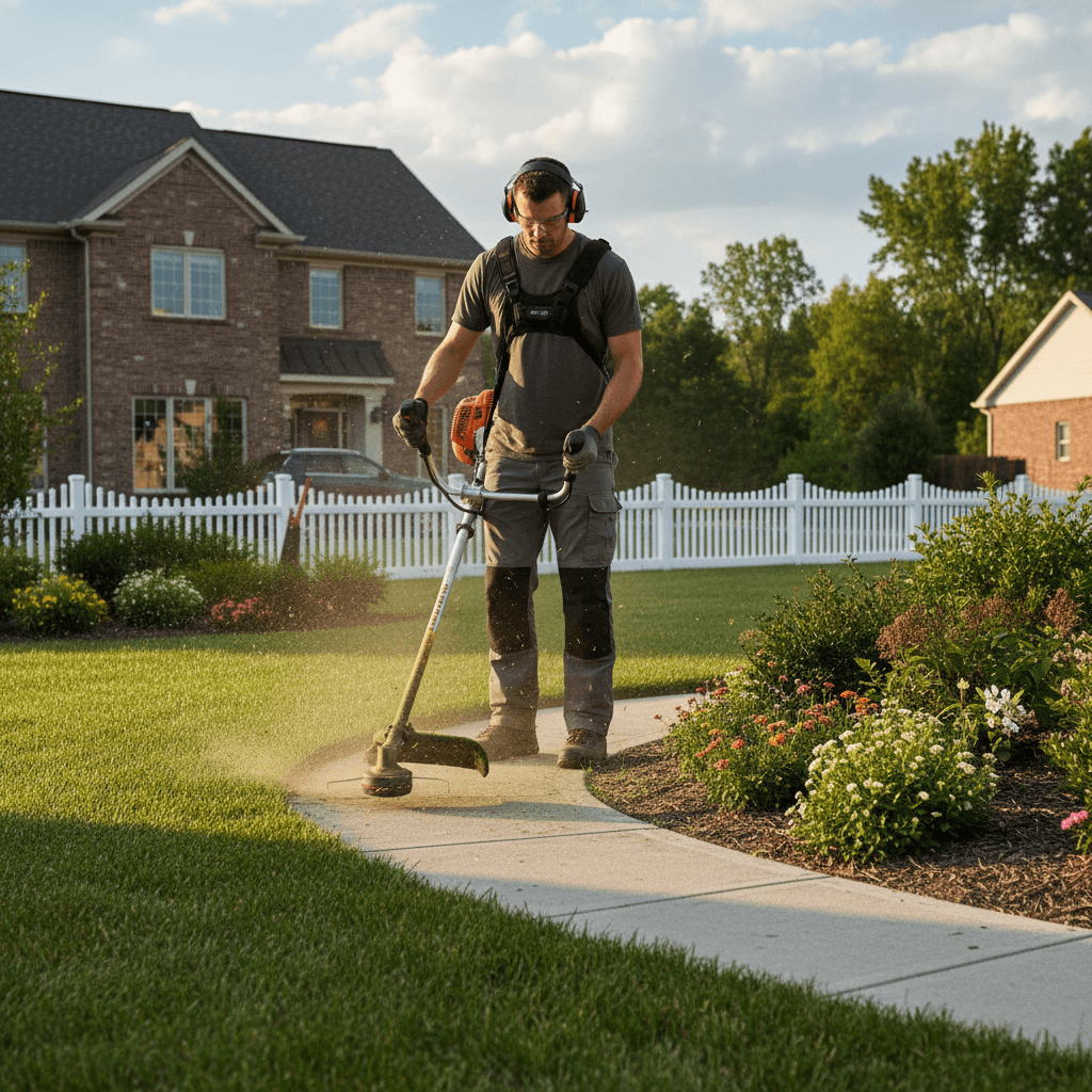 Worker edging a lawn with a trimmer in a residential yard