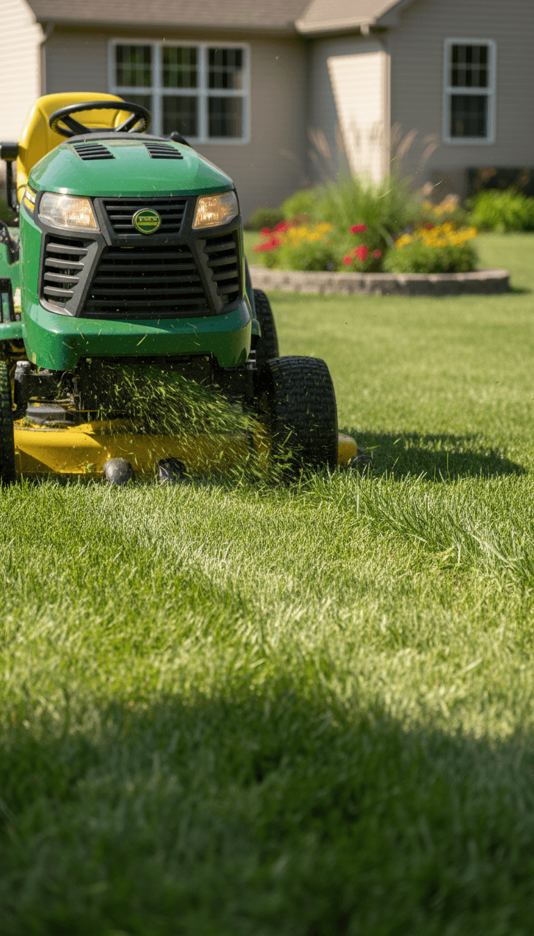 Lawn mower cutting a healthy green lawn
