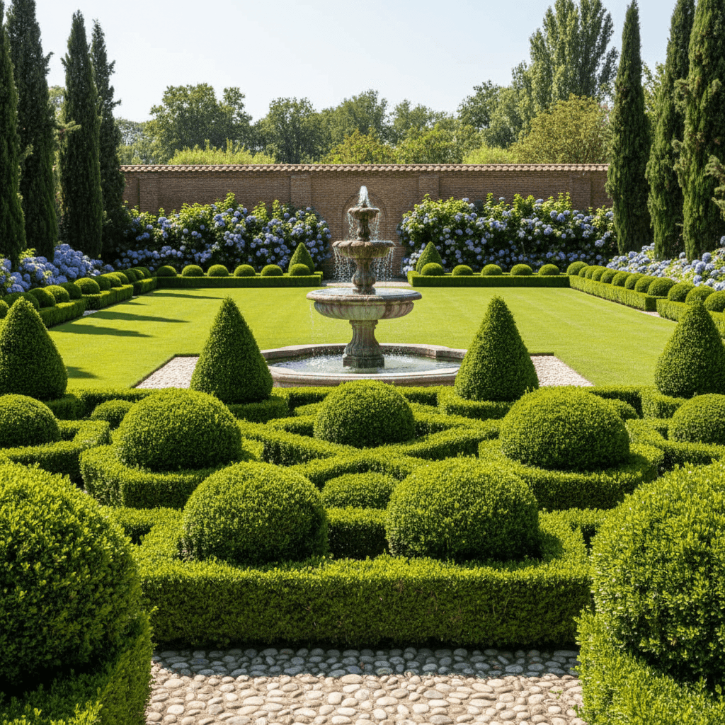 Tidy landscaped garden with trimmed bushes and healthy grass