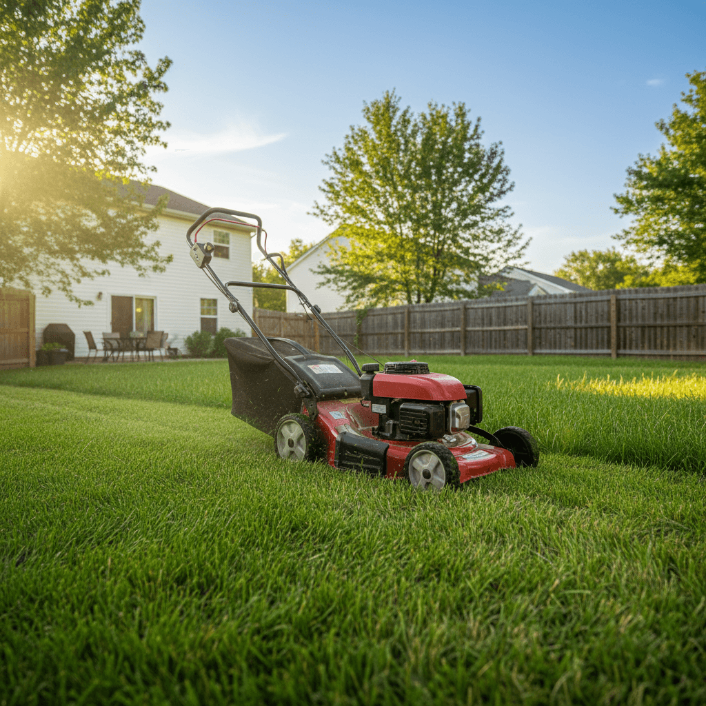 Lawn mower cutting green grass in a sunny backyard
