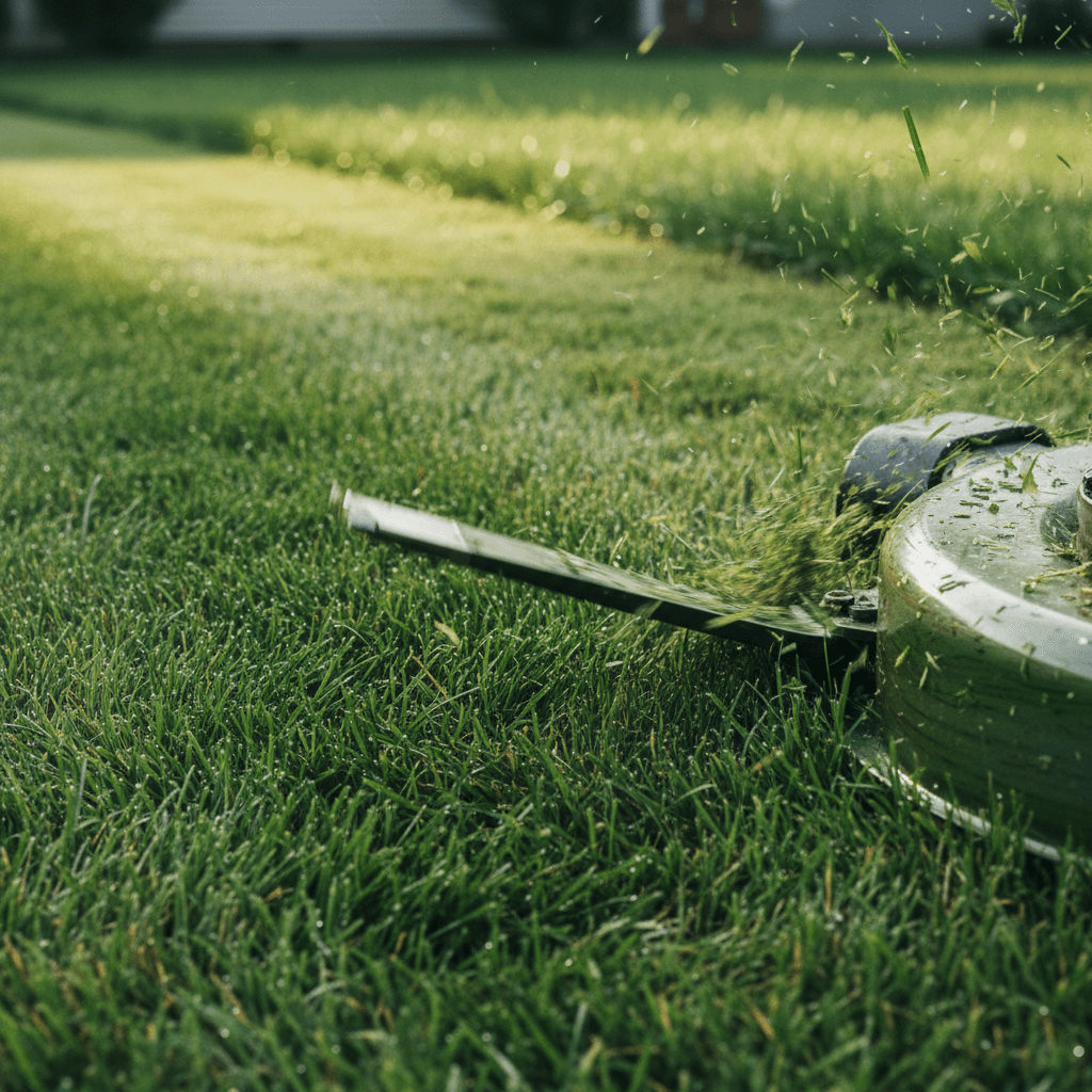 Lawn mower cutting green grass in a sunny backyard