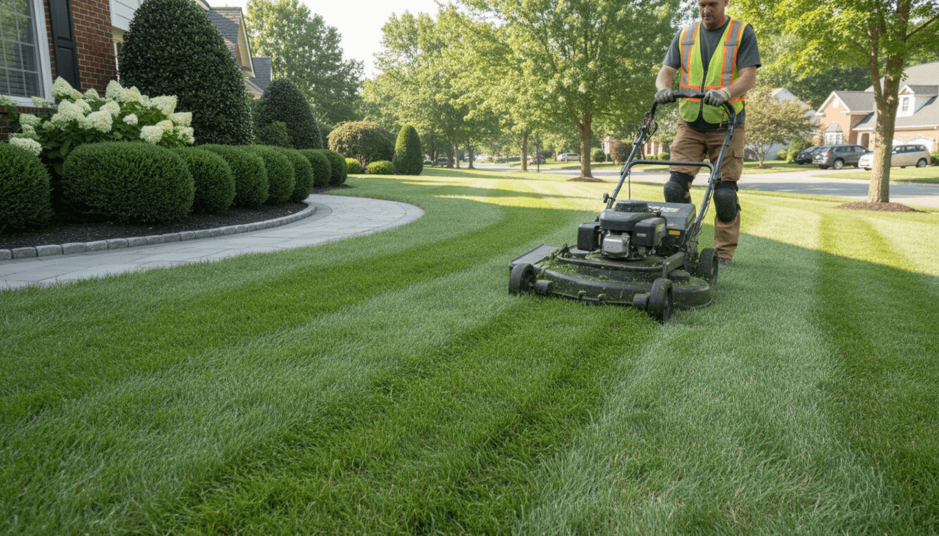 Landscaper mowing a lush green lawn with a commercial mower in a residential backyard