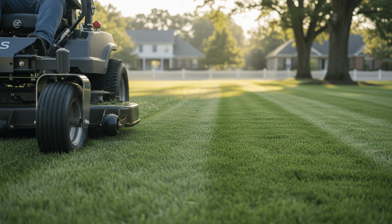Lawn mower cutting fresh green grass in a suburban backyard