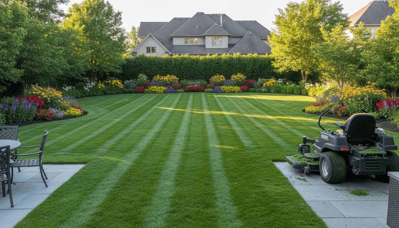 Tidy suburban garden with manicured lawn and neat edges