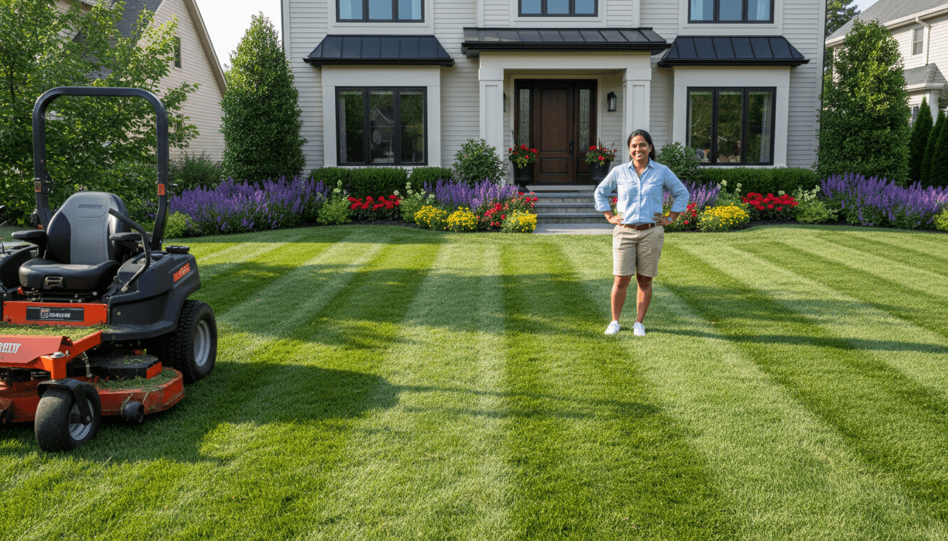 Freshly mowed lawn with neat striped grass pattern in a backyard
