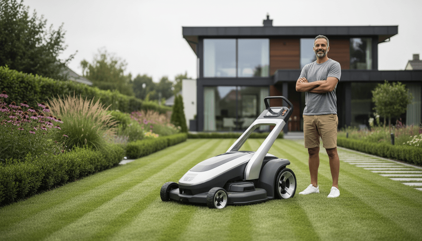 Lawn mower cutting green grass in a residential Toronto yard