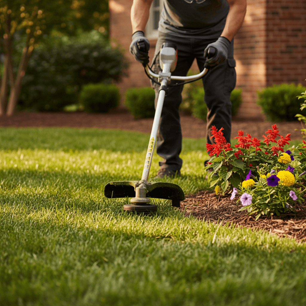 Professional landscaper trimming grass edges with a string trimmer