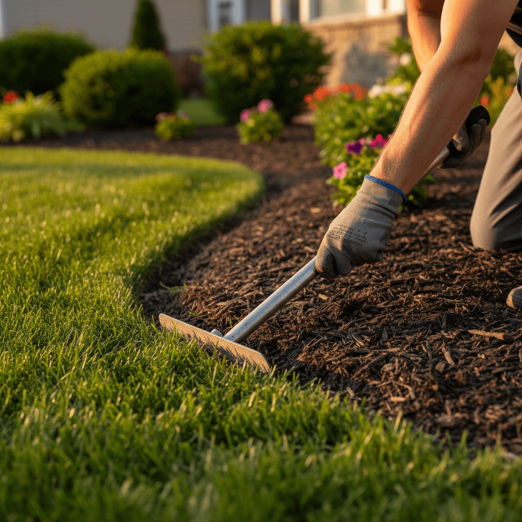 Professional landscaper trimming grass edges on a residential lawn